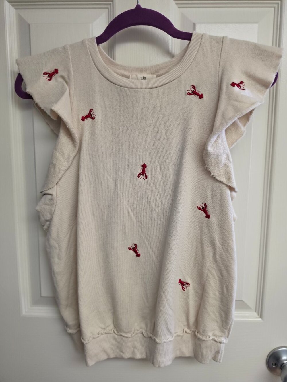 Share Anthropologie T.La Womens Top XS Ivory Red Lobster Print Ruffle Cap Sleeve
